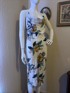 Cowl-Neck Floral Midi Slip Dress in White, Green & Yellow